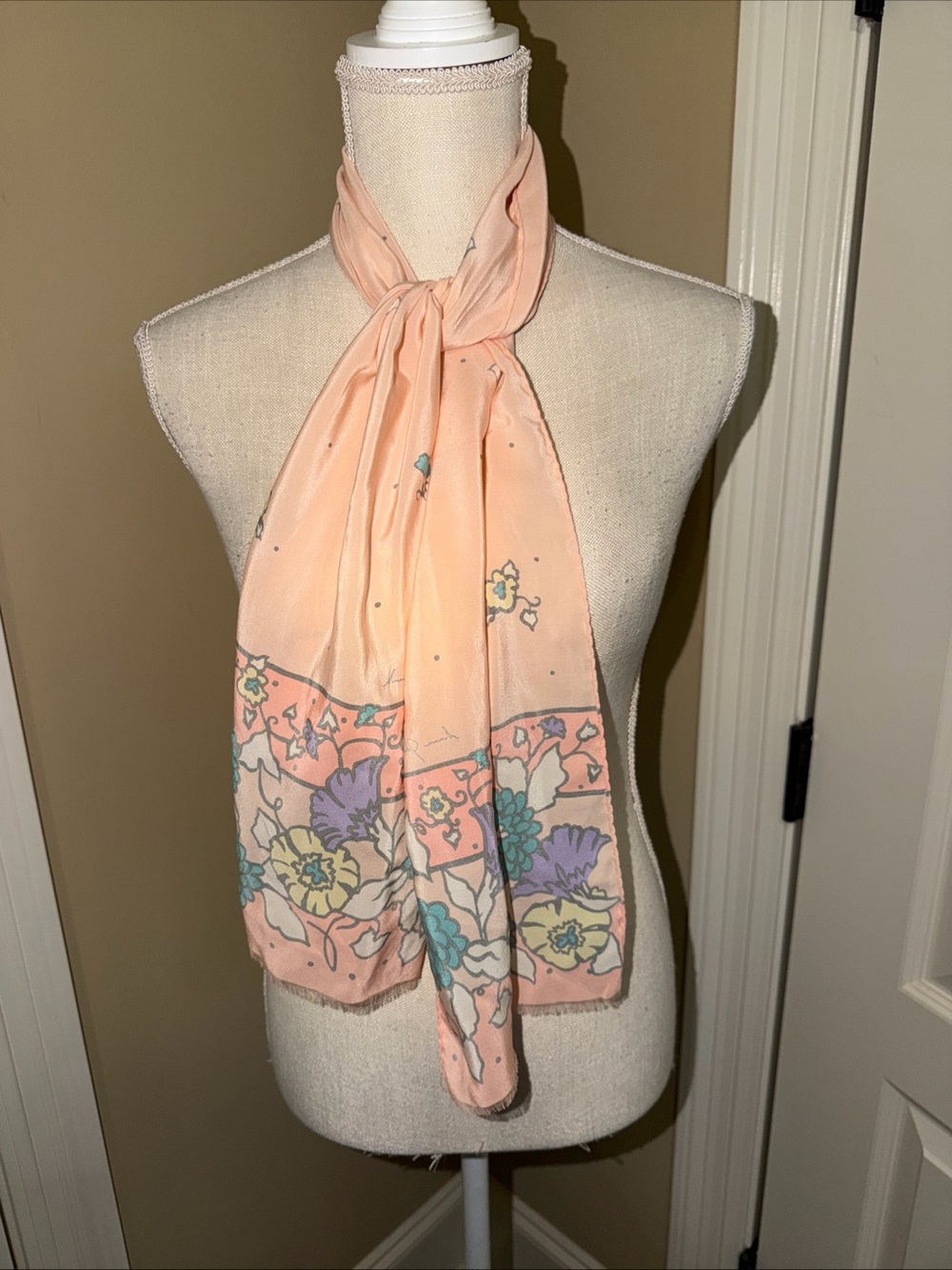 Signed Ginnie Johansen silk scarf Fauna Floral Pink, Blue Ivory Approx 55”X 9”